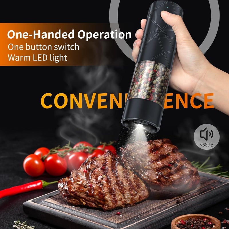 Lidaop 2Pack Electric Salt and Pepper Grinder Set USB Rechargeable with Warm LED Light, Adjustable Coarseness Large Capacity Automatic Salt Pepper Mill Shakers for Kitchen, Restaurant, Upgrade Black - Image 2
